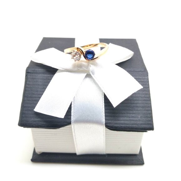 14K Yellow Gold Old European Natural Diamond 0.35 Round Blue Sapphire Ring Sz 8
